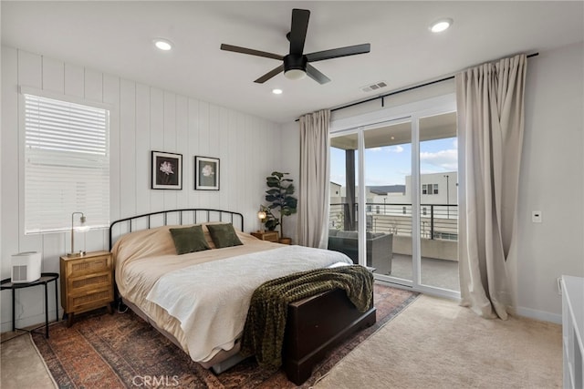 carpeted bedroom featuring recessed lighting, visible vents, ceiling fan, access to outside, and baseboards