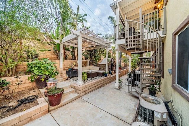 view of patio with stairs, fence, central AC, outdoor lounge area, and a pergola