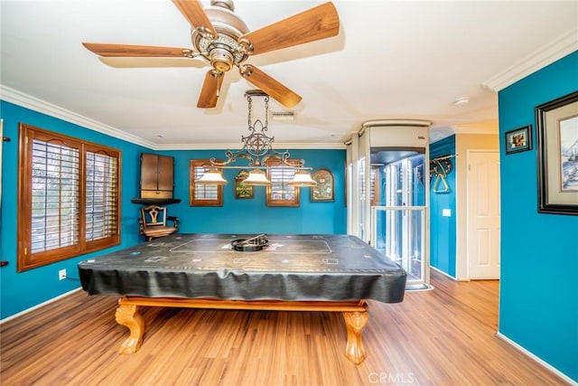 recreation room featuring billiards, wood finished floors, baseboards, visible vents, and crown molding