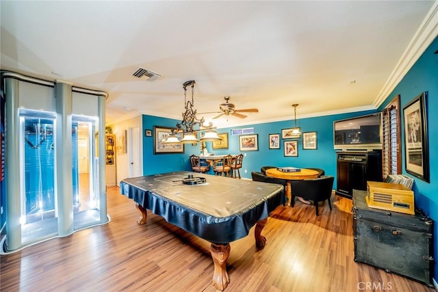 playroom featuring pool table, wood finished floors, visible vents, and crown molding