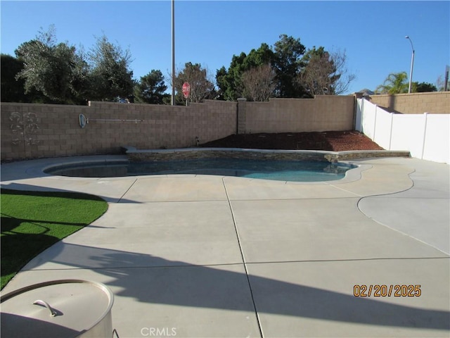 view of pool featuring a fenced in pool, a fenced backyard, and a patio area