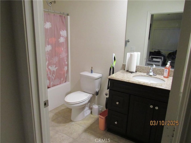 full bathroom with vanity, shower / bath combination with curtain, toilet, and tile patterned flooring