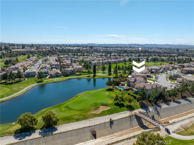 aerial view featuring a water view, a residential view, and golf course view