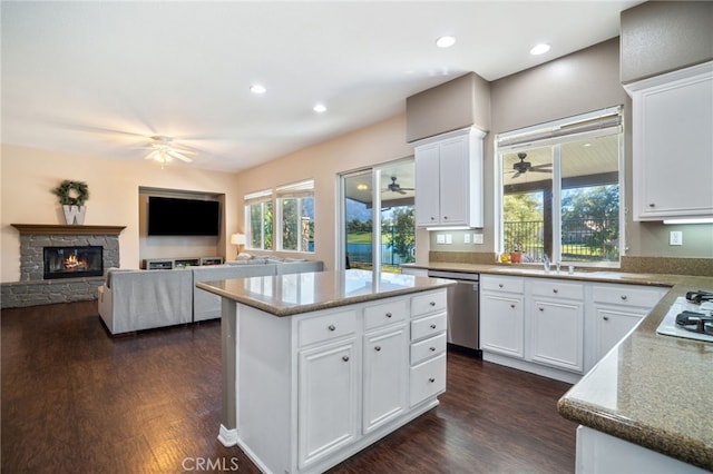 kitchen featuring white cabinets, a ceiling fan, dark wood-style floors, stainless steel dishwasher, and a sink