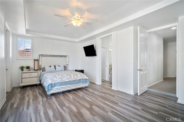 bedroom with a raised ceiling, baseboards, and wood finished floors