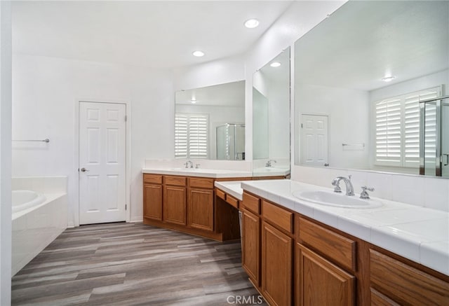 bathroom featuring wood finished floors, two vanities, a sink, a shower stall, and a bath