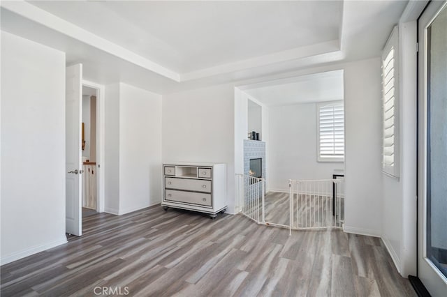 empty room featuring a fireplace, a raised ceiling, and wood finished floors