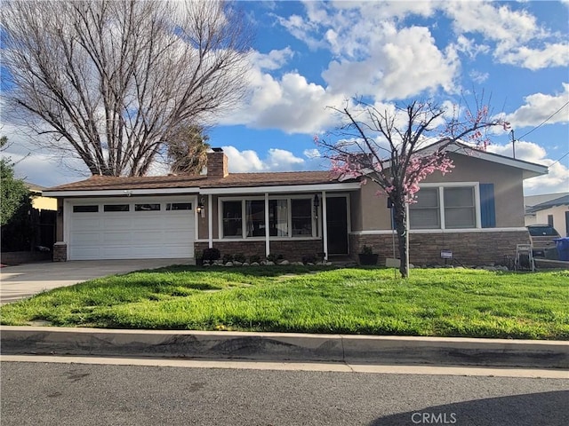 ranch-style home with a garage, concrete driveway, stone siding, stucco siding, and a front lawn