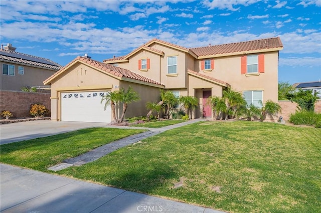 mediterranean / spanish-style home with concrete driveway, a tiled roof, an attached garage, a front lawn, and stucco siding