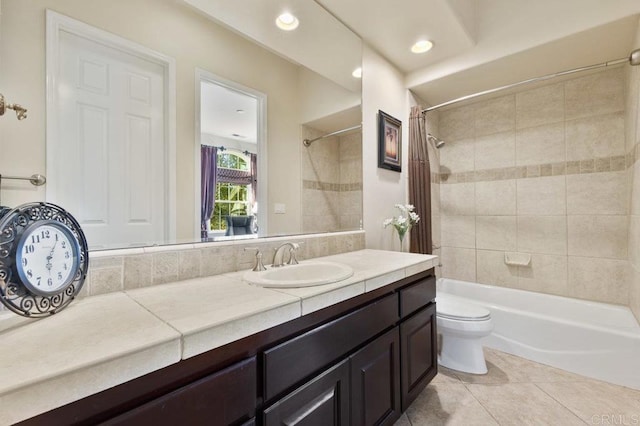 full bathroom with toilet, recessed lighting, bathtub / shower combination, tile patterned floors, and vanity