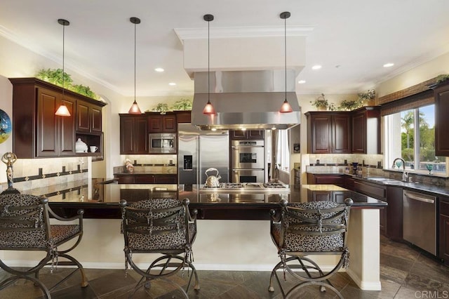 kitchen featuring ornamental molding, a sink, extractor fan, built in appliances, and dark countertops