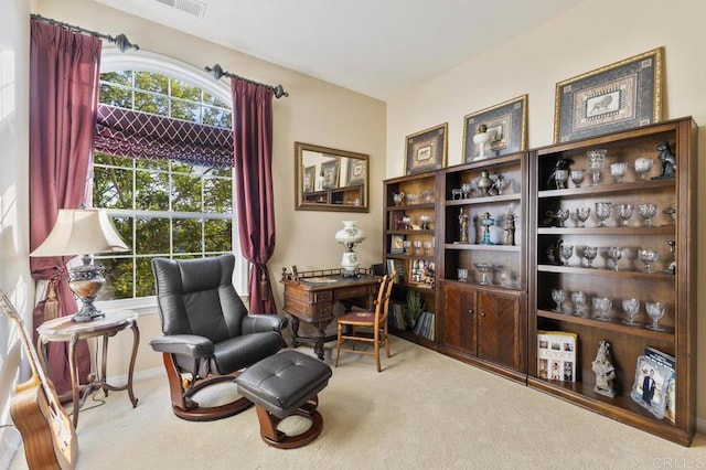 carpeted office with visible vents and baseboards