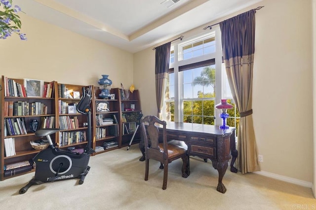 home office featuring baseboards, a raised ceiling, and carpet