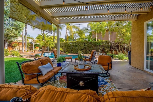 view of patio with a fenced in pool, a fenced backyard, a pergola, and an outdoor hangout area