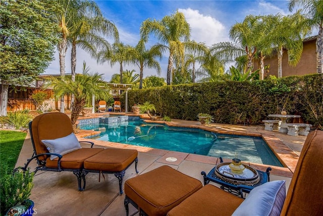 view of pool featuring a fenced in pool, a fenced backyard, and a patio area