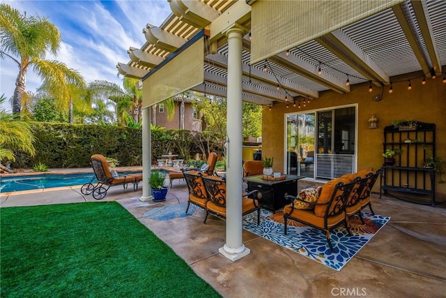 view of patio featuring an outdoor pool, outdoor dining area, and a pergola