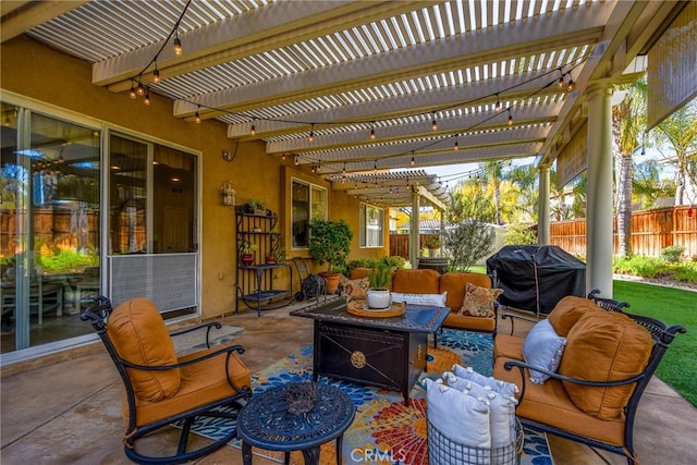 view of patio featuring an outdoor living space, a grill, a pergola, and fence
