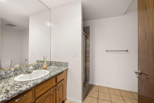 bathroom with visible vents, toilet, tile patterned flooring, vanity, and a shower stall