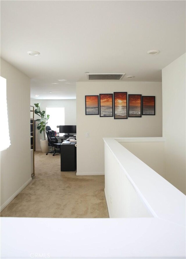 27464 Honeydew Ct, Saugus, CA 91350 - hall with light carpet, an office area, baseboards, an upstairs landing, and recessed lighting