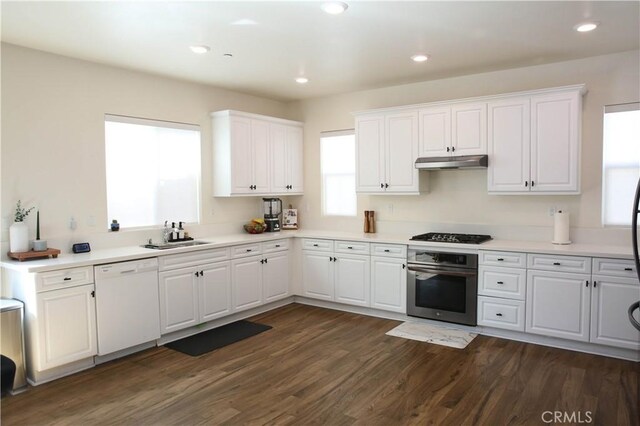 27464 Honeydew Ct, Saugus, CA 91350 - kitchen with oven, white dishwasher, under cabinet range hood, a sink, and white cabinets