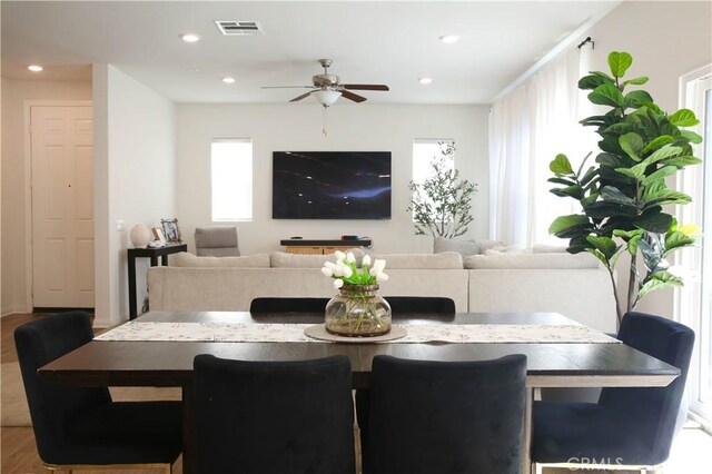 27464 Honeydew Ct, Saugus, CA 91350 - dining room with ceiling fan, recessed lighting, and wood finished floors
