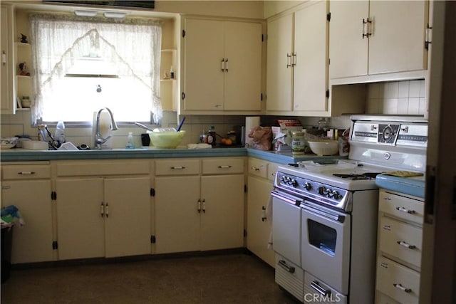 kitchen with range with two ovens, a sink, and decorative backsplash