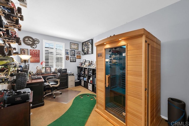 carpeted office space featuring a sauna and visible vents