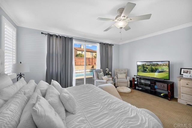 bedroom with access to exterior, a ceiling fan, crown molding, and carpet flooring