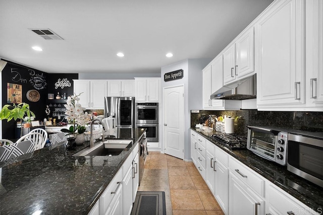 kitchen with under cabinet range hood, a sink, visible vents, appliances with stainless steel finishes, and decorative backsplash