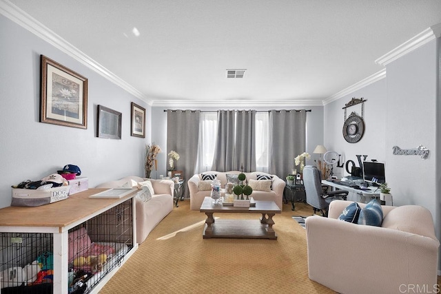 carpeted living area with visible vents and ornamental molding