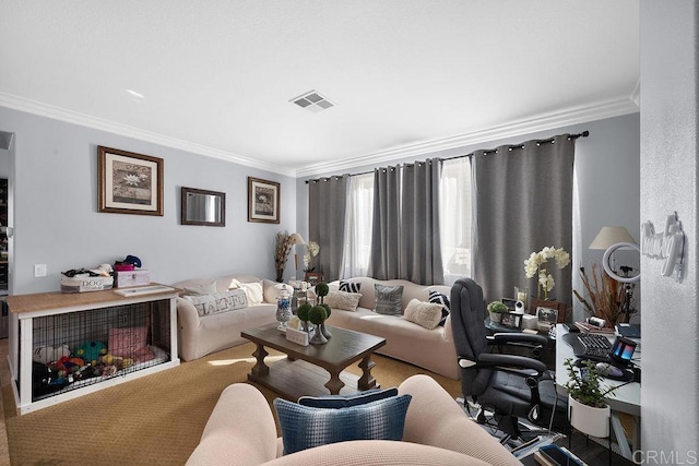 living area featuring visible vents and crown molding