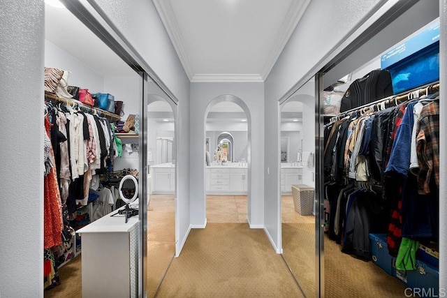 spacious closet with arched walkways and light carpet