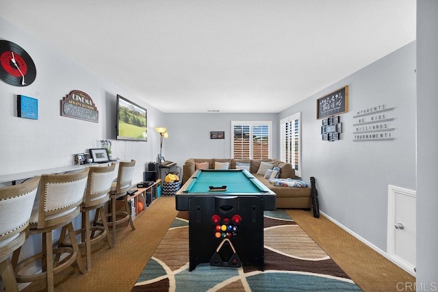 recreation room featuring baseboards, pool table, and carpet flooring