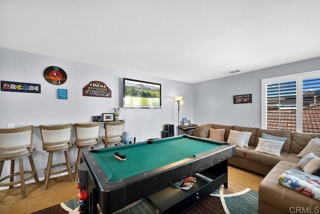 playroom featuring plenty of natural light, visible vents, billiards, and carpet flooring