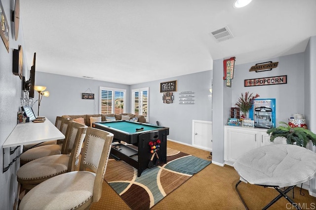 playroom with carpet floors, visible vents, billiards, and baseboards