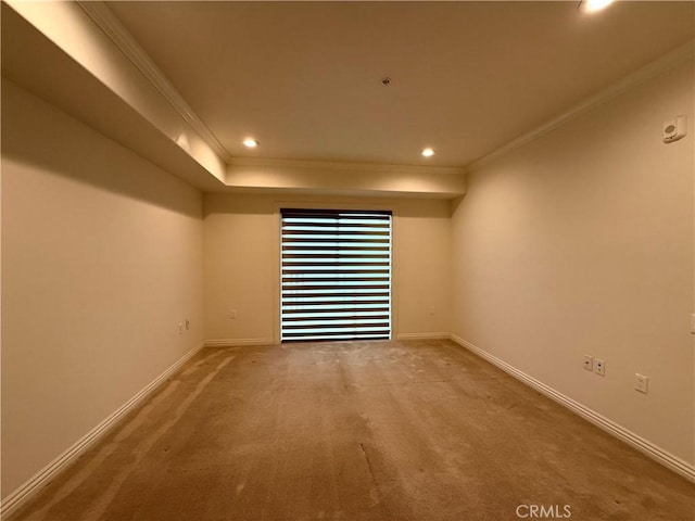 unfurnished room featuring baseboards, ornamental molding, carpet flooring, and recessed lighting