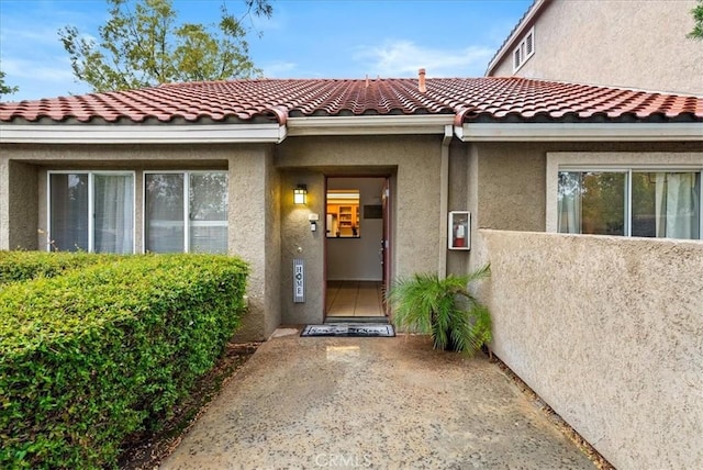 doorway to property featuring a tiled roof and stucco siding