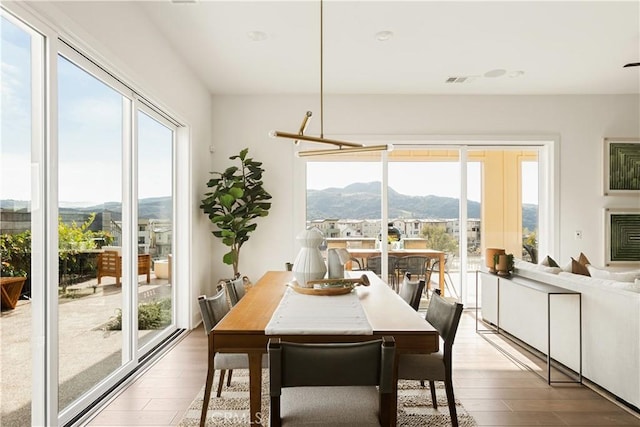 dining space featuring a mountain view and wood finished floors