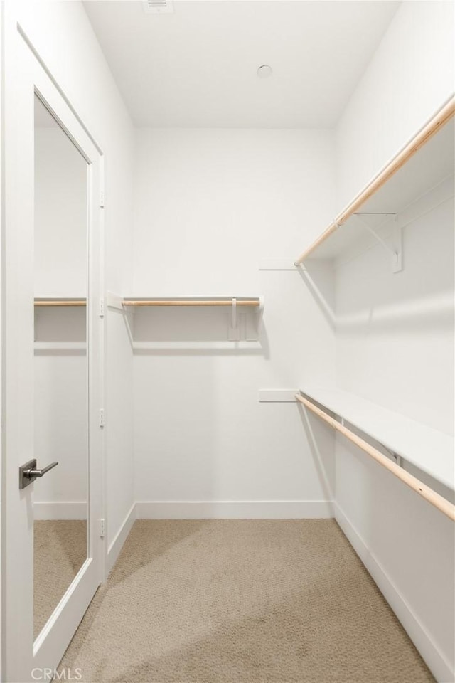 walk in closet with light carpet