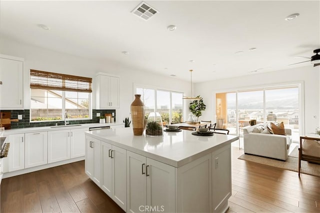kitchen featuring plenty of natural light, visible vents, dark wood finished floors, and a sink