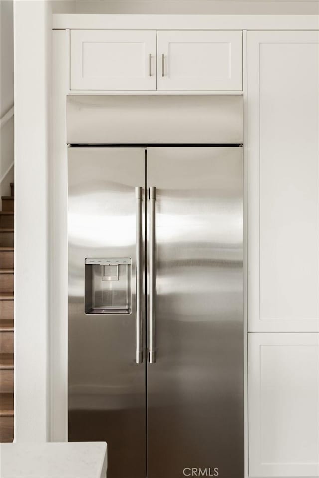 interior details with white cabinets and high end refrigerator