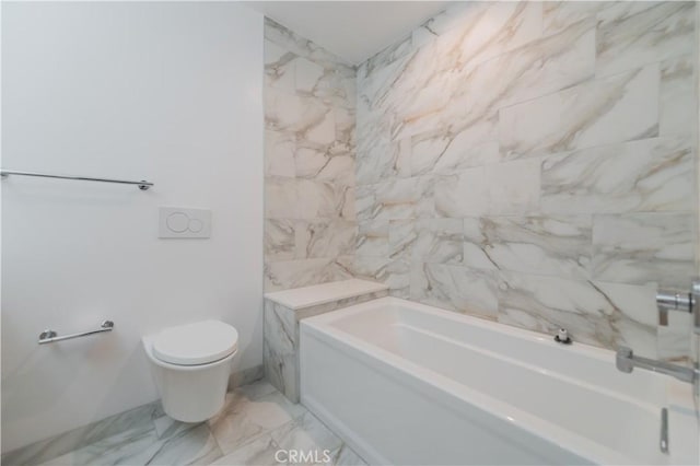 bathroom featuring toilet, marble finish floor, walk in shower, and a bath