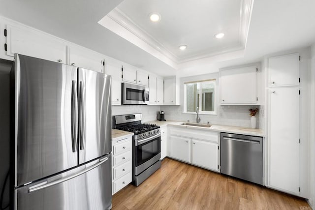 kitchen featuring appliances with stainless steel finishes, a tray ceiling, light countertops, white cabinetry, and a sink