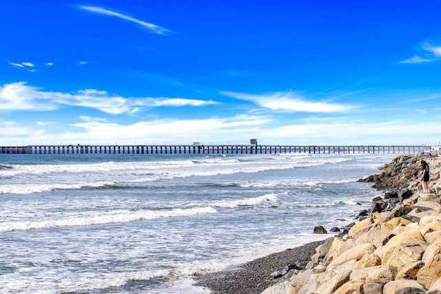 property view of water with a pier