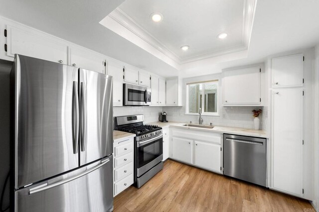 1118 S Pacific St Unit B, Oceanside, CA 92054 - kitchen featuring stainless steel appliances, a sink, a raised ceiling, light countertops, and tasteful backsplash
