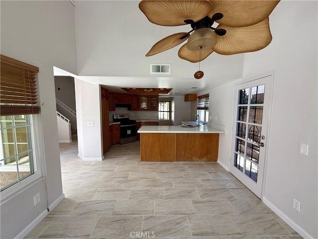 kitchen featuring light countertops, visible vents, stainless steel range with electric cooktop, a peninsula, and under cabinet range hood