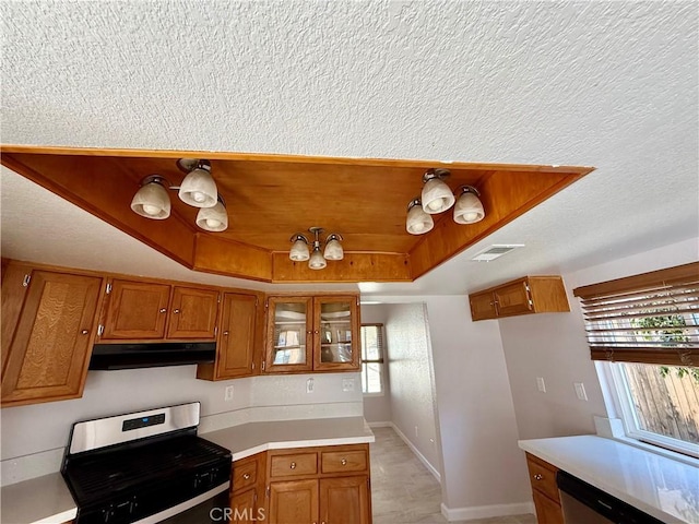 kitchen with appliances with stainless steel finishes, a raised ceiling, brown cabinets, and under cabinet range hood