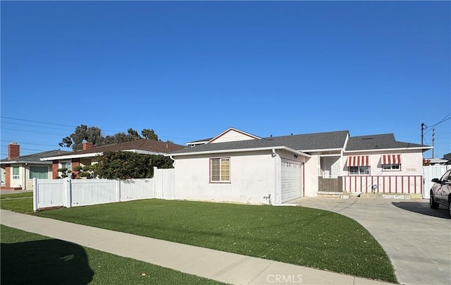 ranch-style home with a garage, fence, concrete driveway, stucco siding, and a front lawn