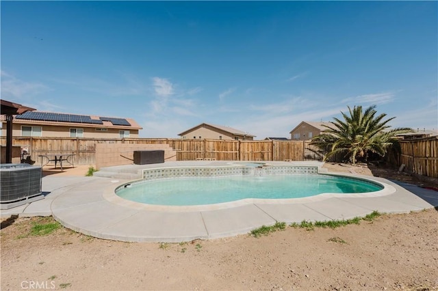 view of swimming pool featuring a fenced backyard, central AC unit, a fenced in pool, and a patio