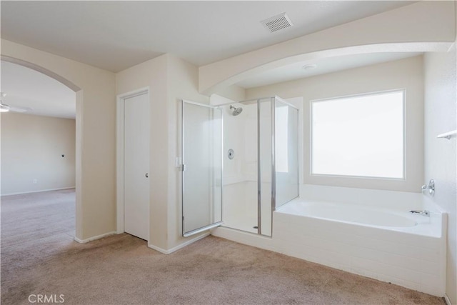 full bath featuring a garden tub, carpet, a shower stall, and visible vents